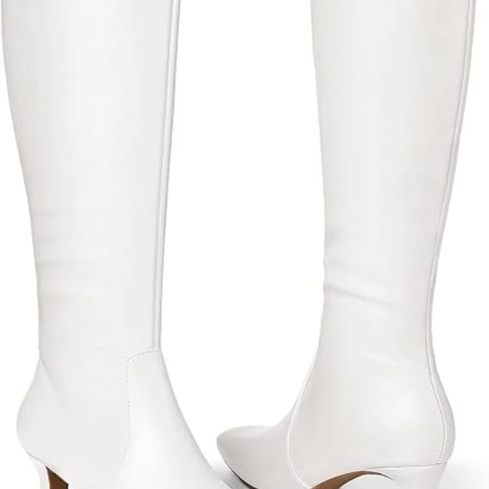 Women's White Mysoft Knee High Kitten Heel Square Toe Tall Side Zipper Long Boot